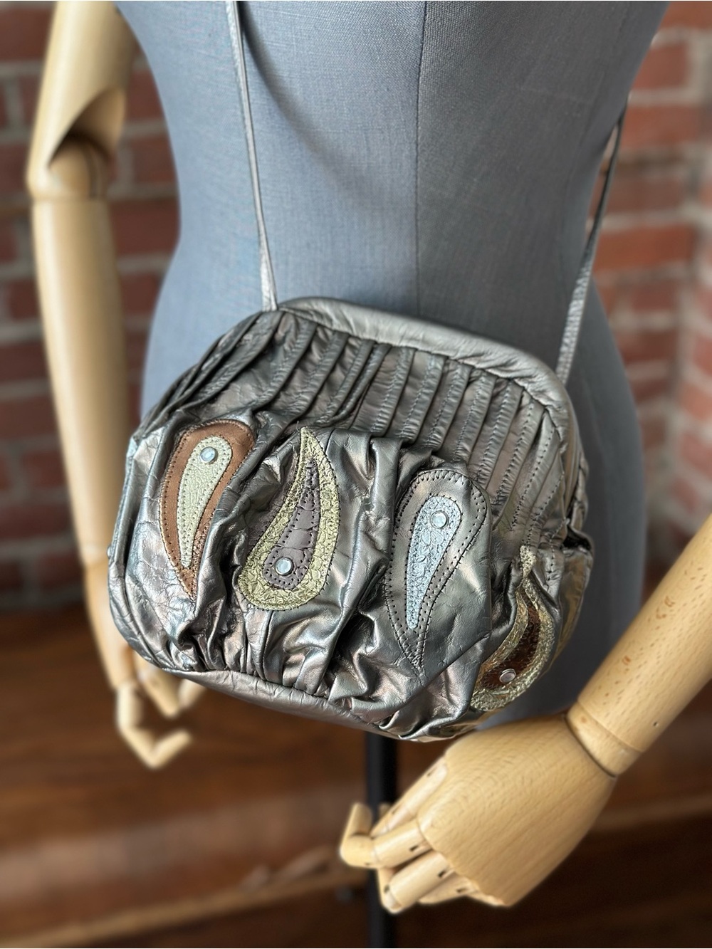 Vintage Y2K Metallic Leather Paisley Pouch Crossbody Bag